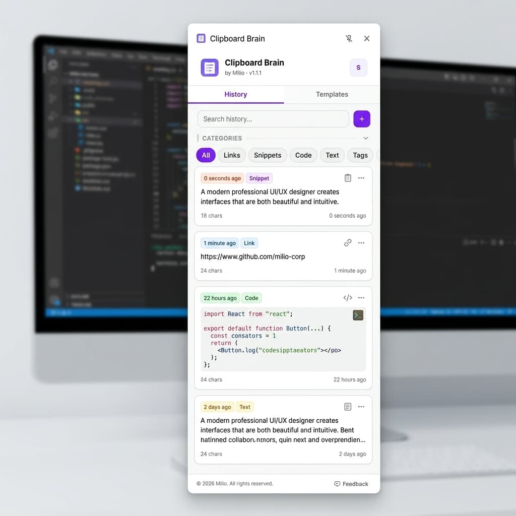 Clipboard Brain product interface showing recent clipboard memories and search