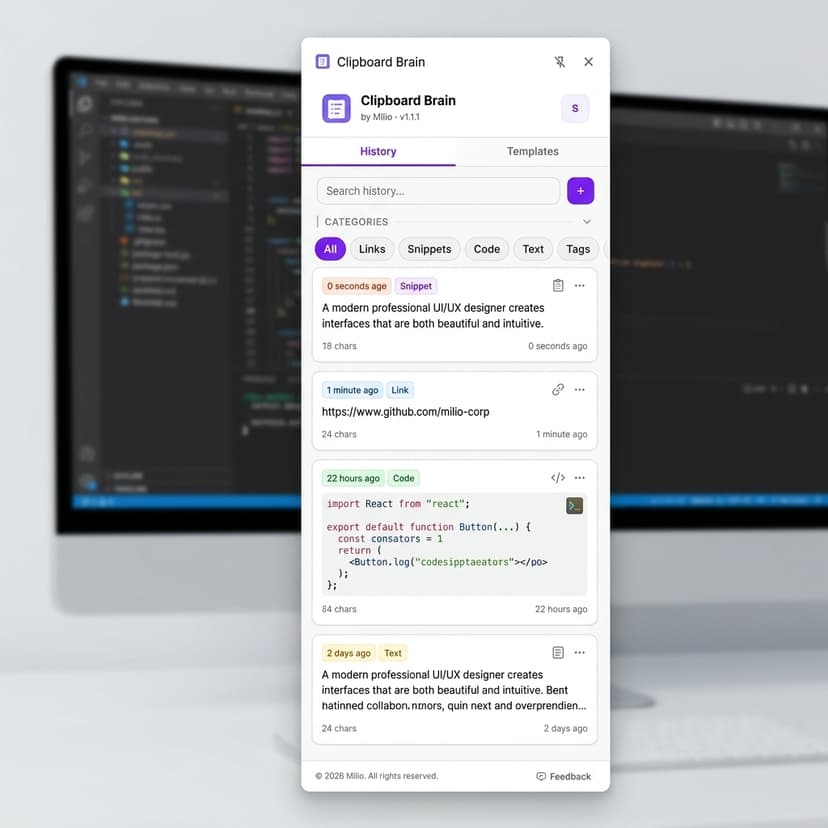 Clipboard Brain product interface showing recent clipboard memories and search