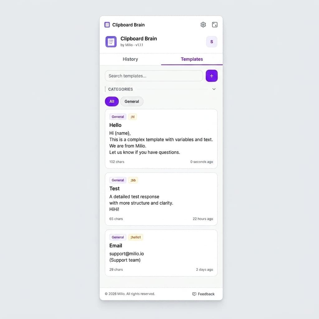 Clipboard Brain workflow panel showing organized clips and reusable context